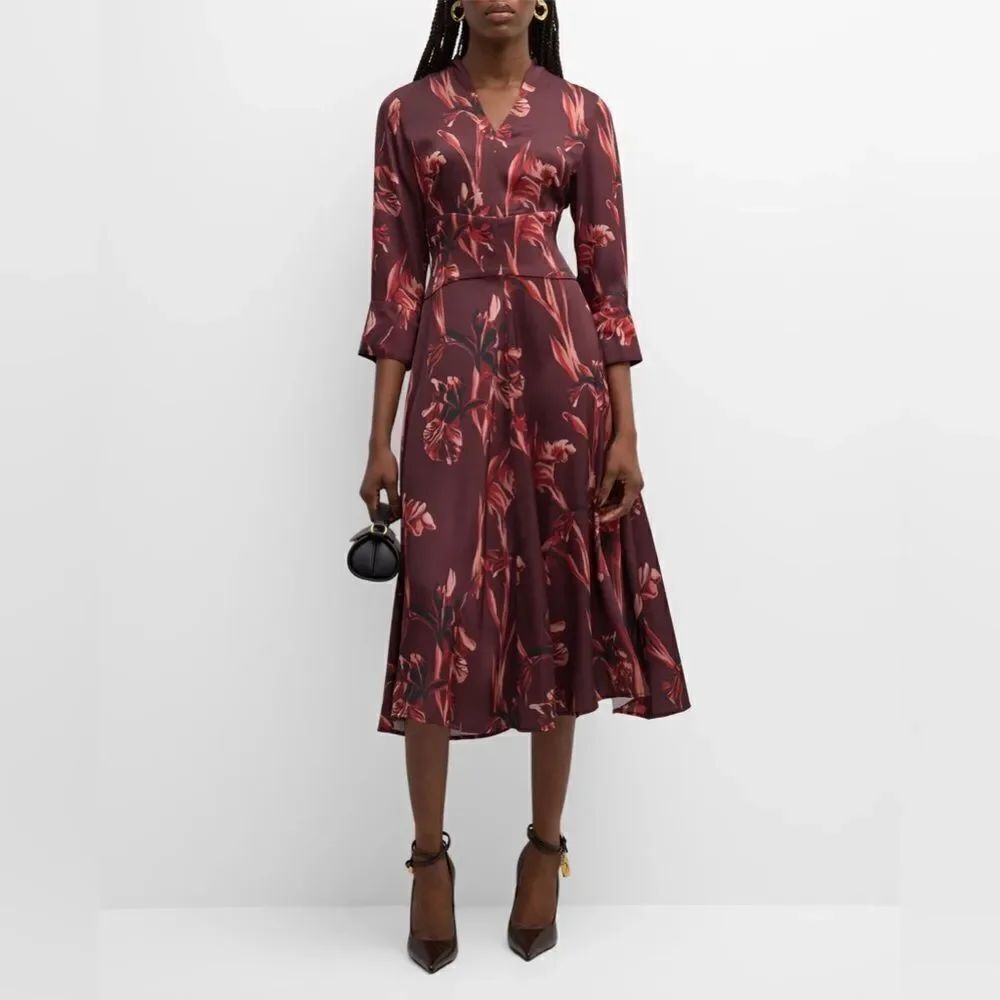 Misook Floral Print Crepe De Chine Midi Dress Maroon V Neck Size Sz Small